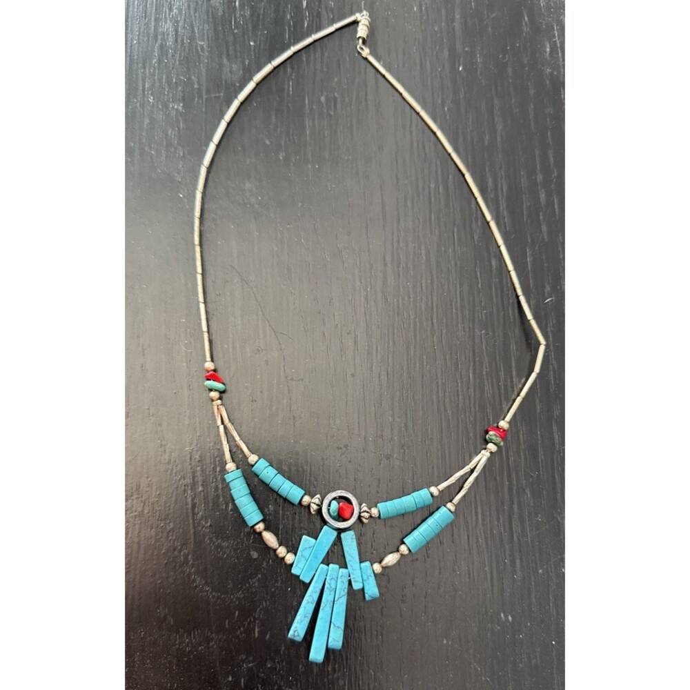 VTG Liquid Silver Handmade Turquoise Coral Bead Necklace Native American Zuni